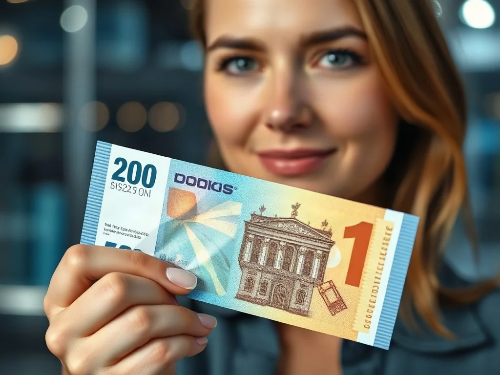 Zbliżenie na nowoczesny banknot polimerowy trzymany w dłoni na tle biura finansowego. Widoczna faktura tworzywa sztucznego.