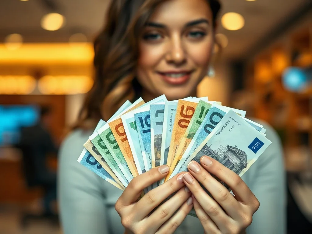 Dłonie trzymające plik różnorodnych banknotów na tle nowoczesnego biura, symbolizujące obieg pieniądza fiducjarnego.