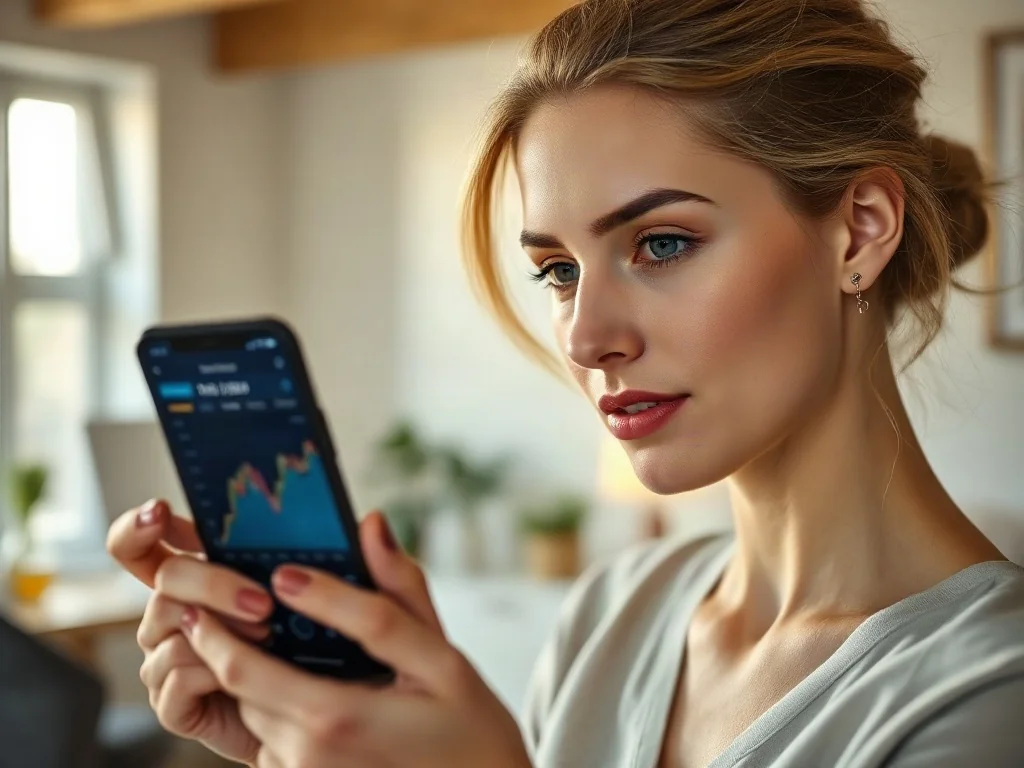 Kobieta sprawdza notowania walut na ekranie smartfona w nowoczesnym domowym biurze.