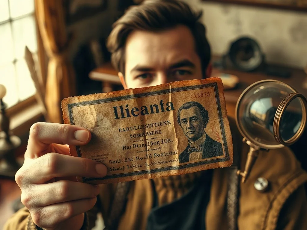 Zbliżenie na stary, zabytkowy banknot trzymany w dłoniach na tle biurka z piórem i lupą, nawiązujące do historii pieniądza.